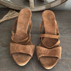 Ugg Women’s size 10 brown suede, cork wedge with crisscross straps